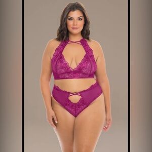 OH LA LA CHERI Women's Lace Halter Bralette and Panty Set - Purple